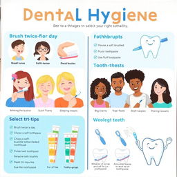 A well-organized informational poster focused on dental hygiene, featuring illustrations and bullet points on tips for keeping teeth healthy