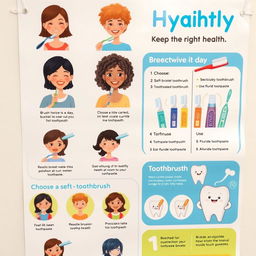 A well-organized informational poster focused on dental hygiene, featuring illustrations and bullet points on tips for keeping teeth healthy