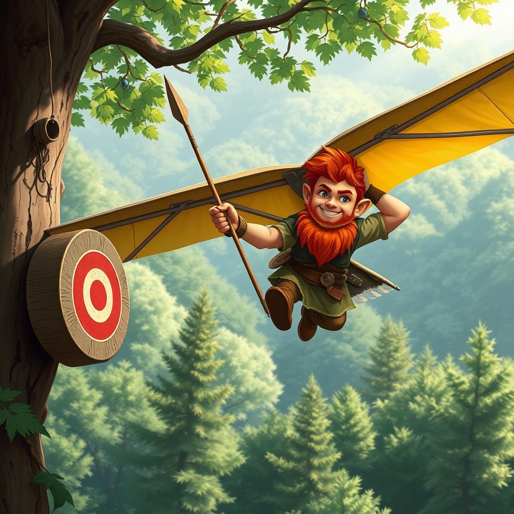 In a fantastical Dungeons & Dragons setting, a ruddy tan, red-haired male rock gnome artificer with sapphire-blue eyes is joyfully smiling as he maneuvers an experimental glider through the air