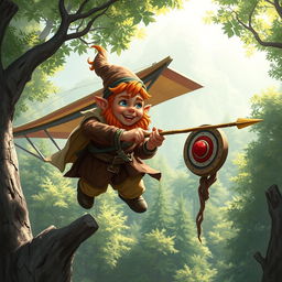 In a fantastical Dungeons & Dragons setting, a ruddy tan, red-haired male rock gnome artificer with sapphire-blue eyes is joyfully smiling as he maneuvers an experimental glider through the air