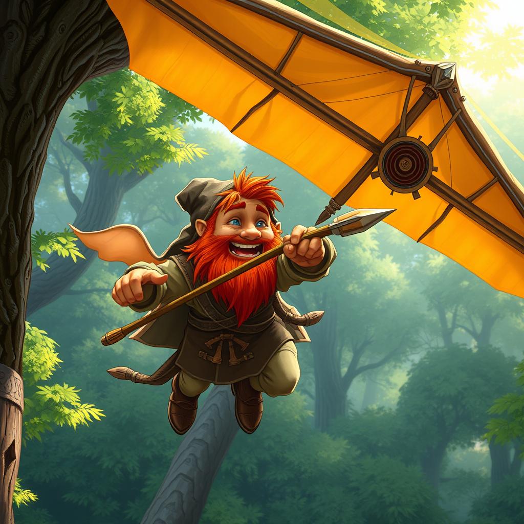 In a fantastical Dungeons & Dragons setting, a ruddy tan, red-haired male rock gnome artificer with sapphire-blue eyes is joyfully smiling as he maneuvers an experimental glider through the air