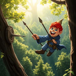 In a fantastical Dungeons & Dragons setting, a ruddy tan, red-haired male rock gnome artificer with sapphire-blue eyes is joyfully smiling as he maneuvers an experimental glider through the air