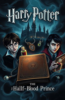 A book cover design for "Harry Potter & the Half-Blood Prince" featuring a dark, mysterious atmosphere