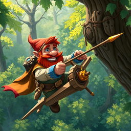 In a fantastical Dungeons & Dragons setting, a ruddy tan, red-haired male rock gnome artificer with sapphire-blue eyes, a red beard, and mustache is smiling joyfully as he steers an experimental glider