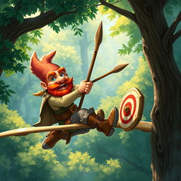 In a fantastical Dungeons & Dragons setting, a ruddy tan, red-haired male rock gnome artificer with sapphire-blue eyes, a red beard, and mustache is smiling joyfully as he steers an experimental glider