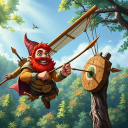 In a fantastical Dungeons & Dragons setting, a ruddy tan, red-haired male rock gnome artificer with sapphire-blue eyes, a red beard, and mustache is smiling joyfully as he steers an experimental glider