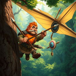 In a fantastical Dungeons & Dragons setting, a ruddy tan, red-haired male rock gnome artificer with sapphire-blue eyes, a red beard, and mustache is smiling joyfully as he steers an experimental glider