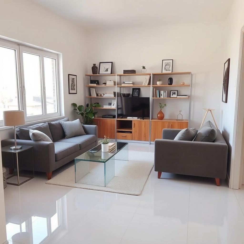 A small living room beautifully organized and immaculately clean