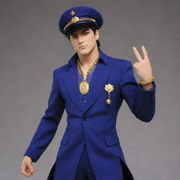 Jotaro Kujo from JoJo's Bizarre Adventure standing in a dynamic pose, wearing his iconic school uniform with a chain attached to the lapel, his hand on his hat, exuding confidence.