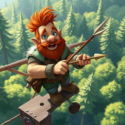 In a fantastical Dungeons & Dragons setting, a ruddy tan, red-haired male rock gnome artificer with sapphire-blue eyes, a red beard, and mustache is smiling joyfully as he controls an experimental glider