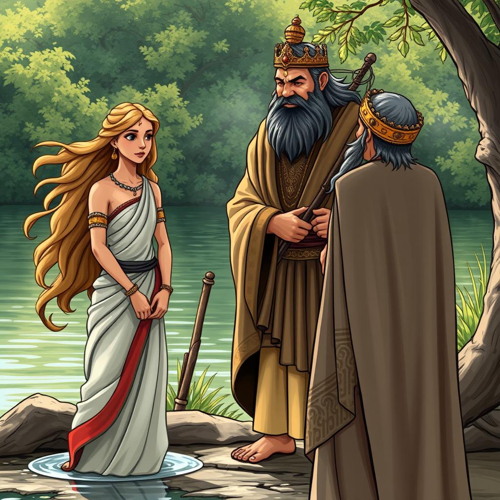 The king encounters a fisherwoman named Satyavati, standing by the riverside with her stern father