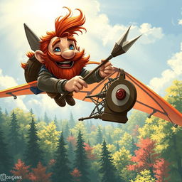 In a fantastical Dungeons & Dragons setting, a ruddy tan, red-haired male rock gnome artificer with sapphire-blue eyes, a red beard, and mustache is smiling joyfully as he controls an experimental glider