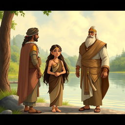 The king encounters a fisherwoman named Satyavati, standing by the riverside with her stern father