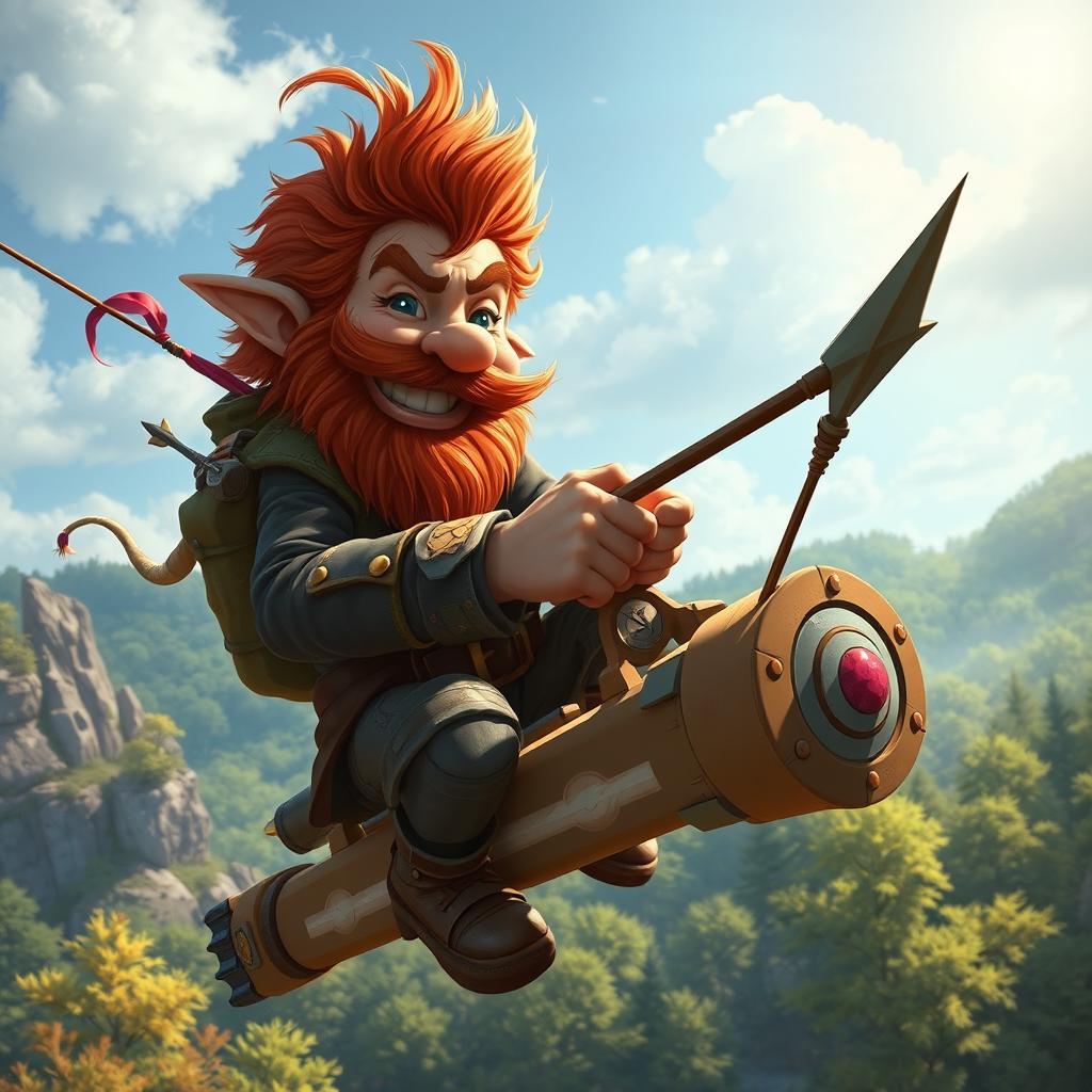 In a fantastical Dungeons & Dragons setting, a ruddy tan, red-haired male rock gnome artificer with sapphire-blue eyes, a red beard, and mustache is smiling joyfully as he controls an experimental glider