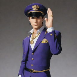 Jotaro Kujo from JoJo's Bizarre Adventure standing in a dynamic pose, wearing his iconic school uniform with a chain attached to the lapel, his hand on his hat, exuding confidence.