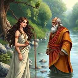 The king encounters a fisherwoman named Satyavati, standing by the riverside with her stern father