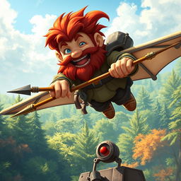 In a fantastical Dungeons & Dragons setting, a ruddy tan, red-haired male rock gnome artificer with sapphire-blue eyes, a red beard, and mustache is smiling joyfully as he controls an experimental glider