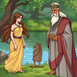 The king encounters a fisherwoman named Satyavati, standing by the riverside with her stern father