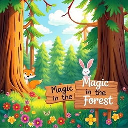 A whimsical and colorful children's book cover featuring a magical forest scene, with friendly animals like a smiling fox and a curious rabbit peeking out from behind tall, lush trees