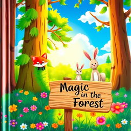 A whimsical and colorful children's book cover featuring a magical forest scene, with friendly animals like a smiling fox and a curious rabbit peeking out from behind tall, lush trees