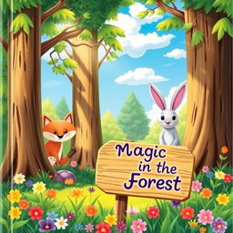 A whimsical and colorful children's book cover featuring a magical forest scene, with friendly animals like a smiling fox and a curious rabbit peeking out from behind tall, lush trees