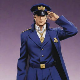 Jotaro Kujo from JoJo's Bizarre Adventure standing in a dynamic pose, wearing his iconic school uniform with a chain attached to the lapel, his hand on his hat, exuding confidence.