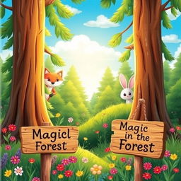 A whimsical and colorful children's book cover featuring a magical forest scene, with friendly animals like a smiling fox and a curious rabbit peeking out from behind tall, lush trees