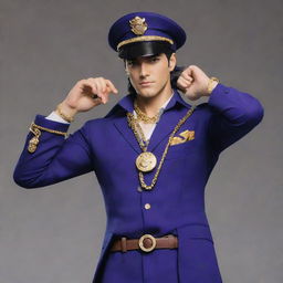 Jotaro Kujo from JoJo's Bizarre Adventure standing in a dynamic pose, wearing his iconic school uniform with a chain attached to the lapel, his hand on his hat, exuding confidence.