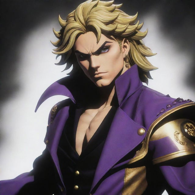 Create an image of Dio Brando, a main character from JoJo's Bizarre Adventure anime series, embodying his charisma and menacing aura.