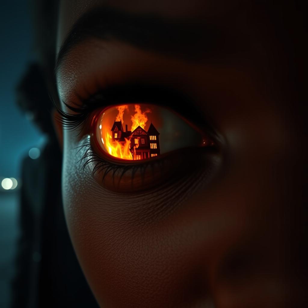 A close-up of a black woman's eye reflecting a dramatic mansion engulfed in flames