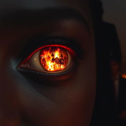 A close-up of a black woman's eye reflecting a dramatic mansion engulfed in flames