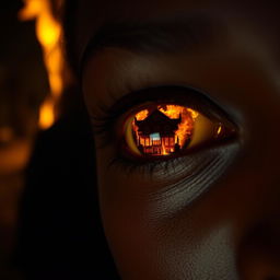 A close-up of a black woman's eye reflecting a dramatic mansion engulfed in flames