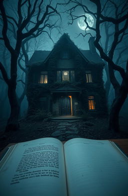 A mysterious and eerie house stands isolated in a foggy, dark forest