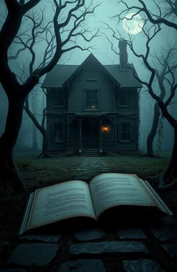 A mysterious and eerie house stands isolated in a foggy, dark forest