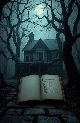 A mysterious and eerie house stands isolated in a foggy, dark forest