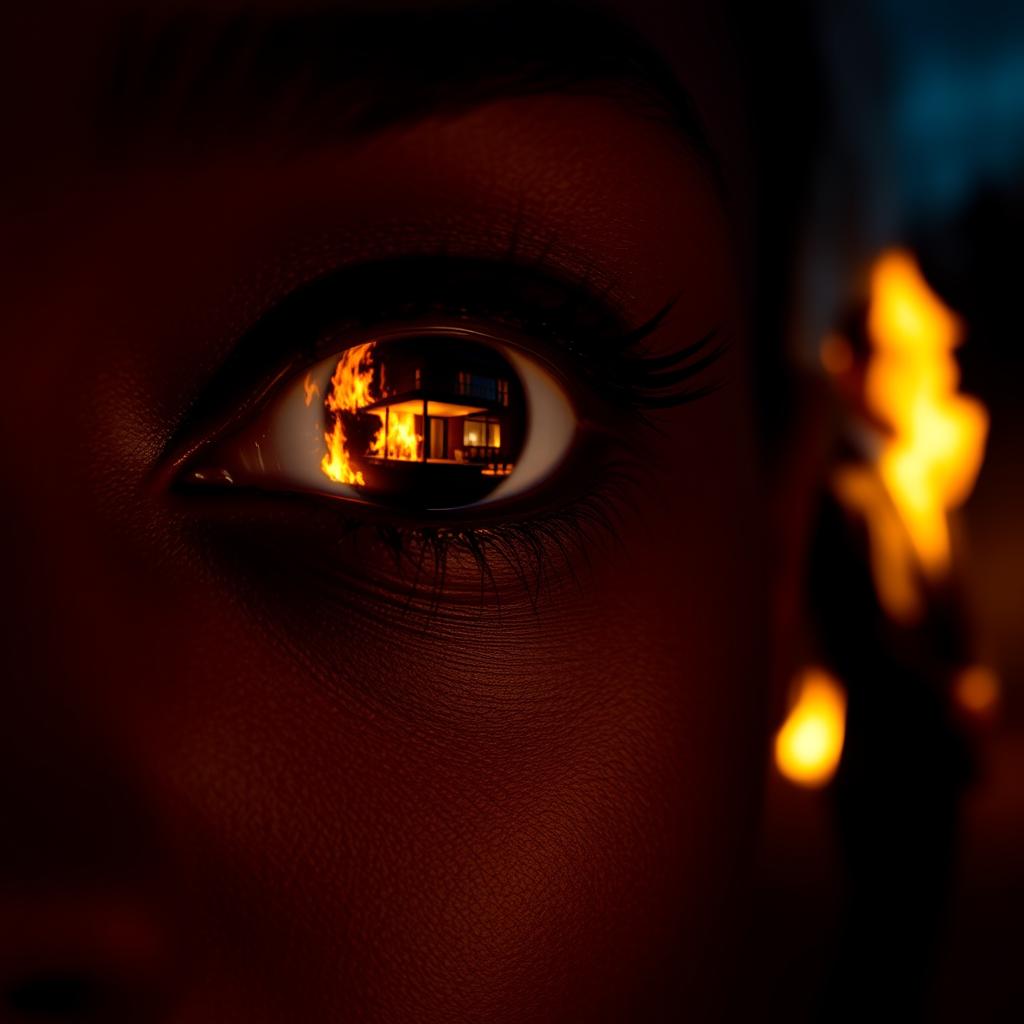 A close-up of a black woman's eye reflecting a modern mansion engulfed in flames