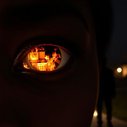 A close-up of a black woman's eye reflecting a modern mansion engulfed in flames