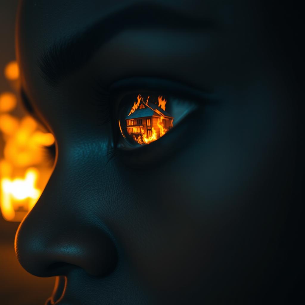 A close-up of a black woman's eye reflecting a modern mansion engulfed in flames