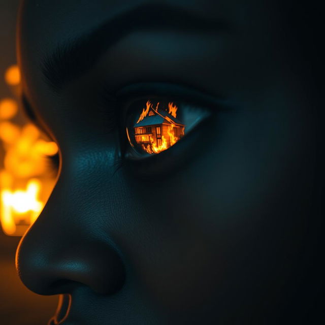 A close-up of a black woman's eye reflecting a modern mansion engulfed in flames