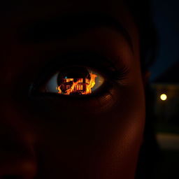 A close-up of a black woman's eye reflecting a modern mansion engulfed in flames