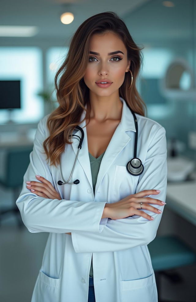 A sexy doctor wearing a white coat, with a confident and alluring expression