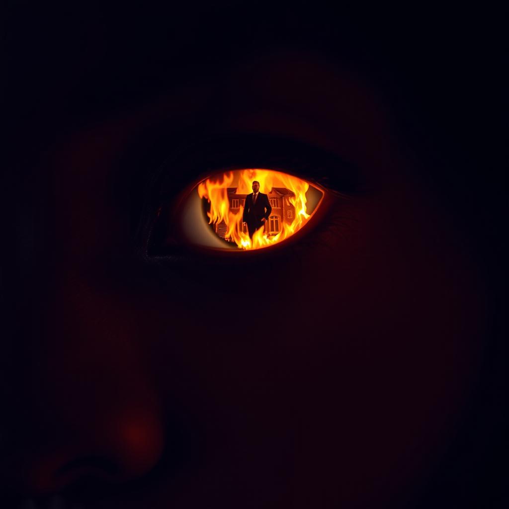 A close-up of a black woman's eye reflecting a modern mansion ablaze, with intense flames flickering across her pupil