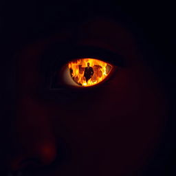 A close-up of a black woman's eye reflecting a modern mansion ablaze, with intense flames flickering across her pupil