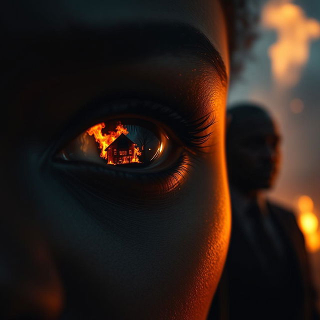 A close-up of a black woman's eye reflecting a modern mansion ablaze, with intense flames flickering across her pupil