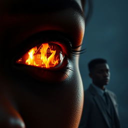 A close-up of a black woman's eye reflecting a modern mansion ablaze, with intense flames flickering across her pupil