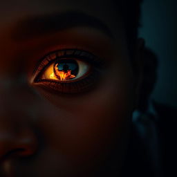 A close-up of a black woman's eye reflecting a modern mansion ablaze, with intense flames flickering across her pupil