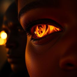 A close-up of a black woman's eye reflecting a modern mansion ablaze, with vibrant orange and yellow flames dancing in her pupil, contrasting with the deep, rich darkness of her eye