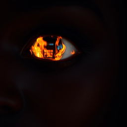 A close-up of a black woman's eye reflecting a modern mansion ablaze, with vibrant orange and yellow flames dancing in her pupil, contrasting with the deep, rich darkness of her eye