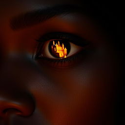 A close-up of a black woman's eye reflecting a modern mansion ablaze, with vibrant orange and yellow flames dancing in her pupil, contrasting with the deep, rich darkness of her eye