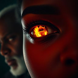 A close-up of a black woman's eye reflecting a modern mansion ablaze, with vibrant orange and yellow flames dancing in her pupil, contrasting with the deep, rich darkness of her eye